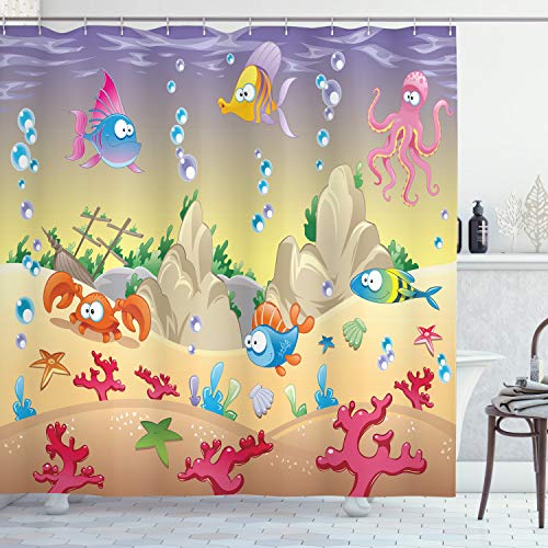 image for Ambesonne Underwater Shower Curtain, Cartoon Design Funny Sea Animals 