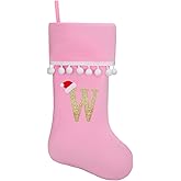 JKSVE 19 Inch Pink Velvet Stockings, Personalized Christmas Stocking, Embroidery Initial with White Pom Pom Trim, Holiday Fireplace Mantel & Xmas Party Decor, Letter W