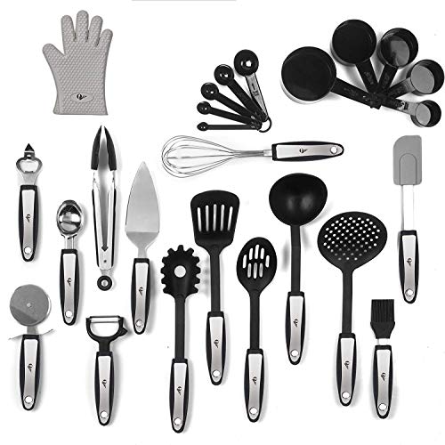 25 Piece Kitchen Tools Set Stainless Steel And Nylon Utensils Tongs, Spatula, Pizza Cutter, Bottle Opener, Brush, Spaghetti Server, Soup Ladle, Big Whisk,AND MORE Buy It And GET Silicon Oven Glove