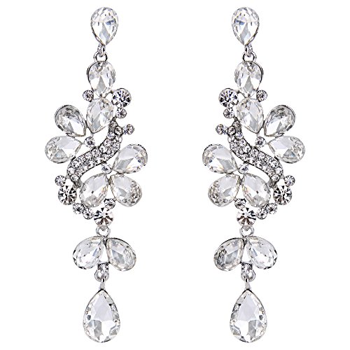 BriLove Wedding Bridal Dangle Earrings for Women Victorian Style Crystal Cluster Teardrop Leaves Dangle Earrings Clear Silver-Tone