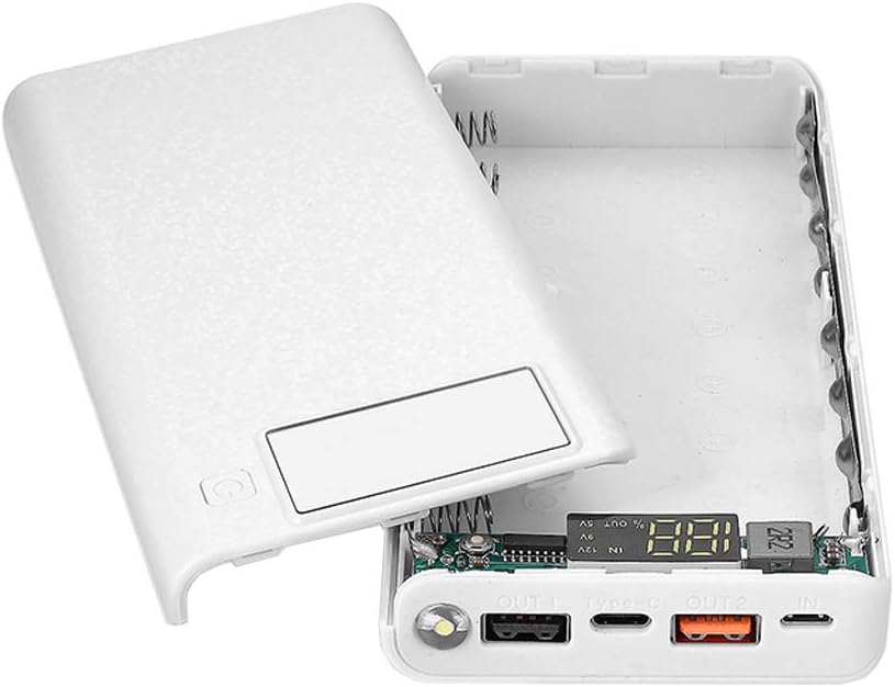 QC 3.0 Dual USB + Type C PD 8X 18650 Battery DIY Power Bank Box LED Light Fast Charger for iPhone Samsung Cell Phone Tablet (White)