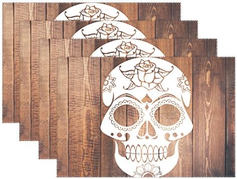 Set of 6 Scary Halloween Skull Wood Heat-resistant Placemats, Polyester Tablemat Place Mat for Kitchen Dining Room