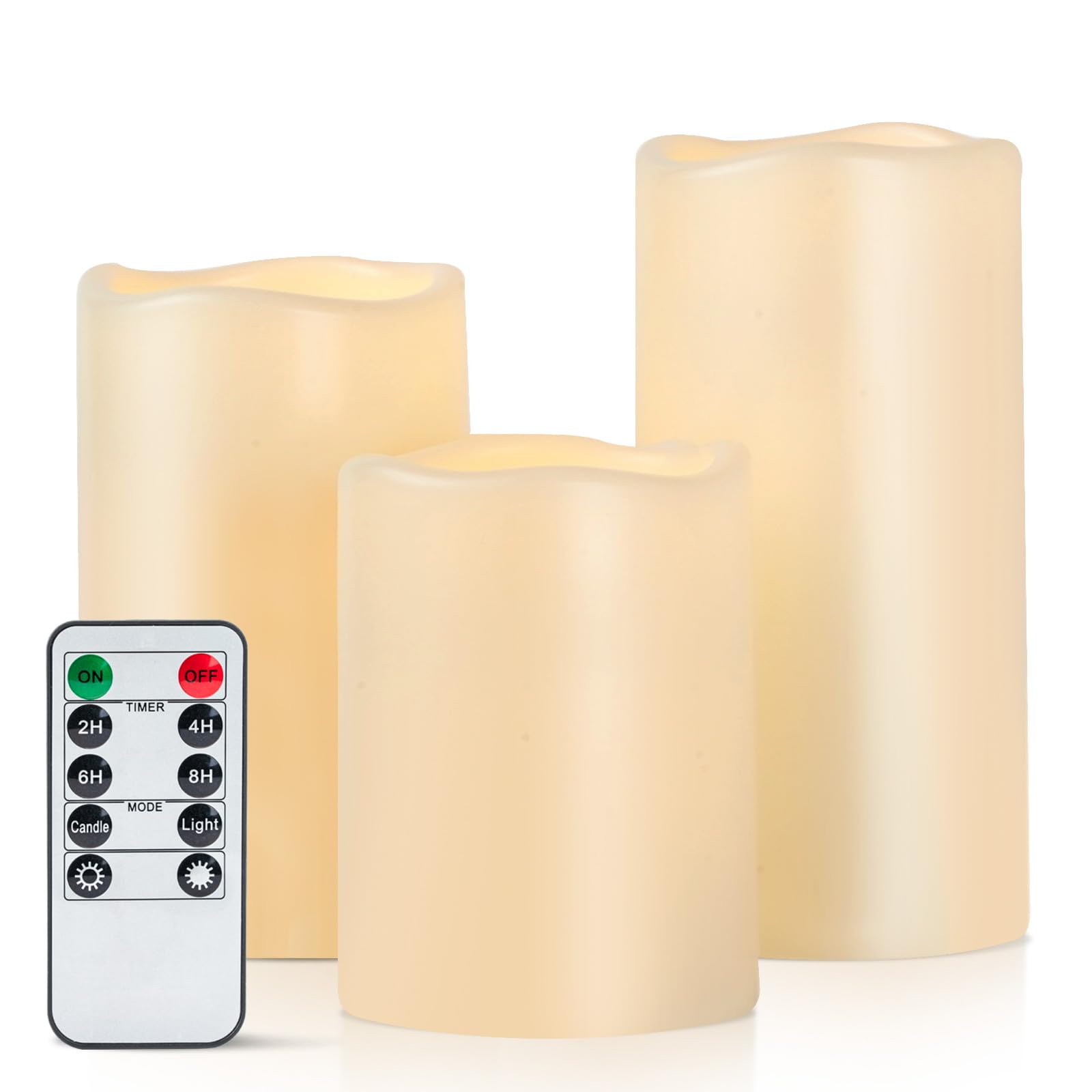 Photo 1 of Amagic Outdoor Waterproof Flameless Candles with Timer, Battery Operated Candles with Remote Control, D3 x H4 5" 6" Electric LED Pillar Candle for Outside Patio, Garden, Indoor Decor, Ivory, Set of 3