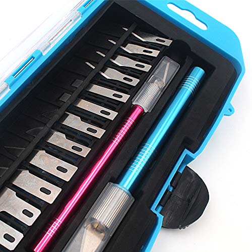 Hobby Knife Set with Case, Precision Craft Knife Set Solid Metal Art Pen Knife with Safety Cap for DIY Art Work Cutting Scrapbooking - 2 Handles and 12 Spare Blades