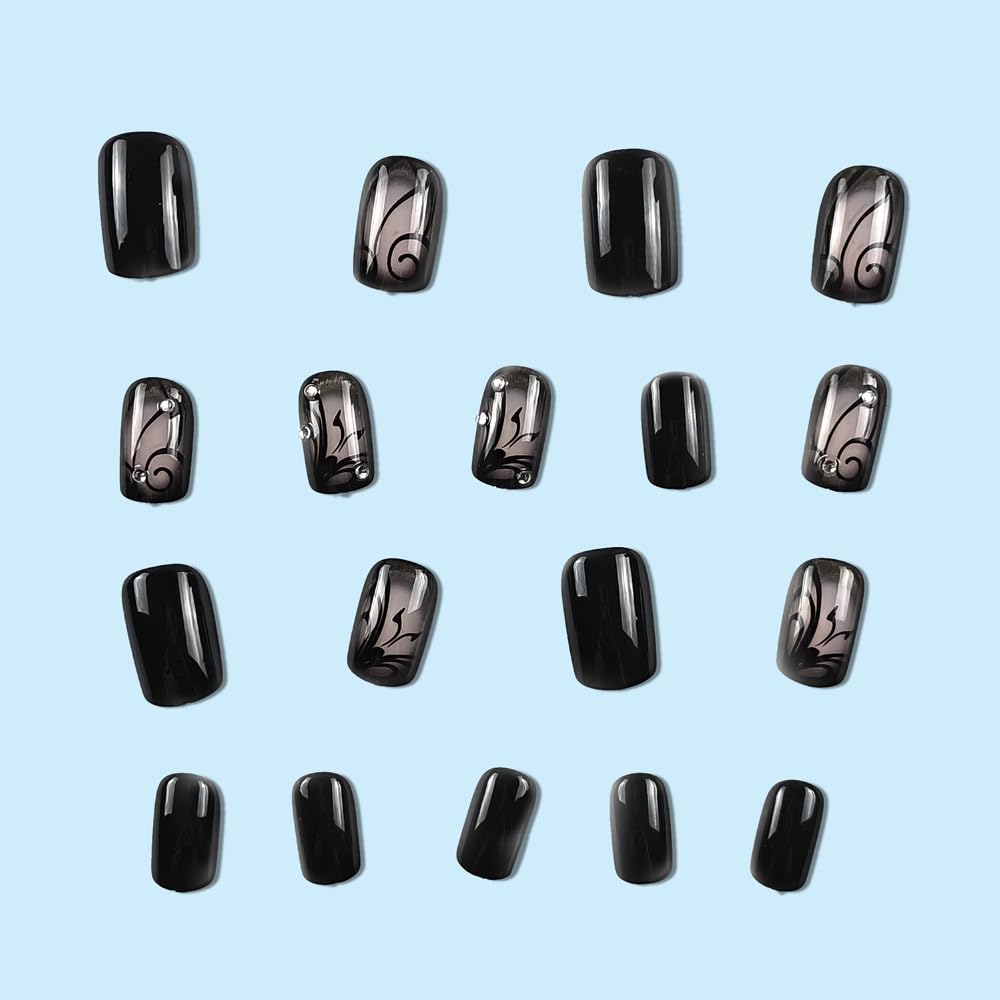 OHWODA Black Press on Nails Short Square Fake Nails Black Vine Acrylic Glue on Nails Full Cover Glossy Nails Press ons Short Stick on Nails Summer Artificial Nails for Women Girls - 24Pcs - Image 3