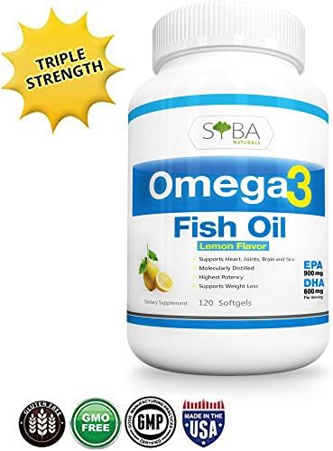 Omega 3 Fish Oil Supplements - with Lemon Oil, 120 Triple Strength Softgels (1300mg) 600mg DHA + 900mg EPA P/Serving, Molecularly Distilled, Heavy Metals and Toxins Free - NO Fishy Aftertaste