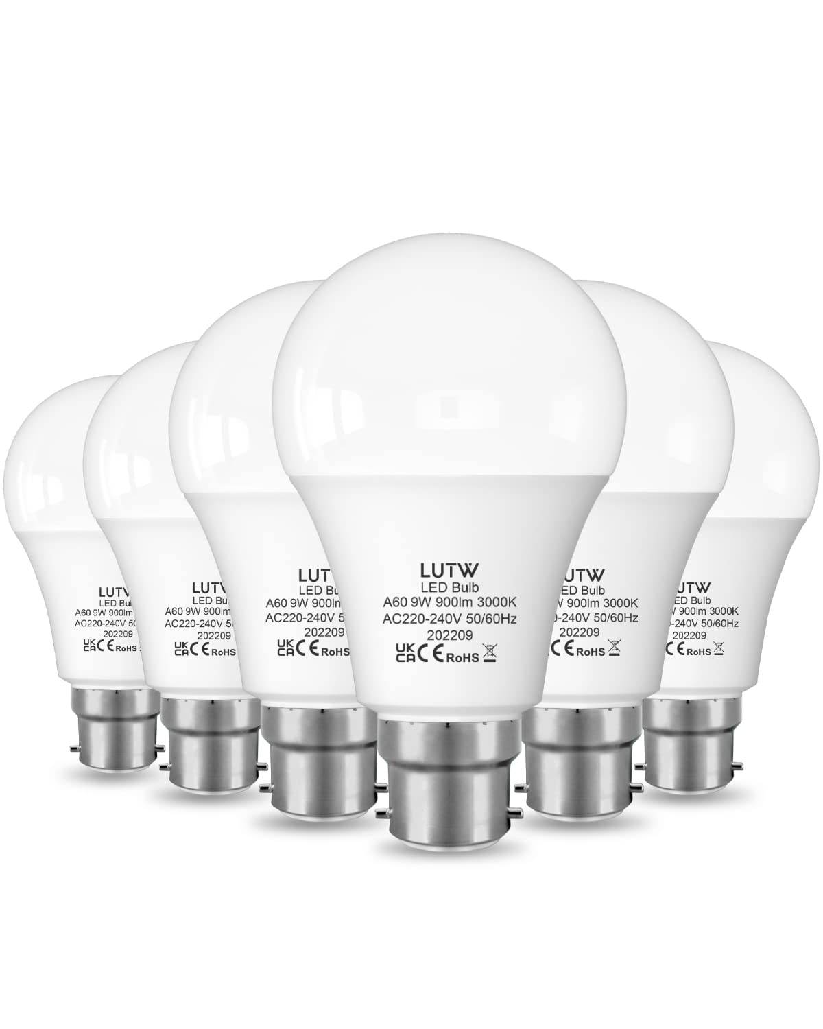 LUTW B22 Led Light Bulbs Bayonet, 60W Equivalent, Warm White 3000K, 9W 900lm LED Bulbs, BC GLS Energy Saving Light Bulbs, Non-dimmable, Pack of 6 — image 1