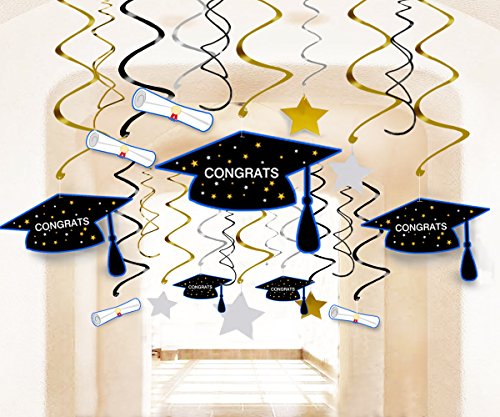 30 Ct Graduation Hanging Swirl Decorations - Grad Star/Mortarboards/Diplomas Ceiling Foil Party Ornaments