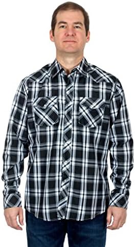 Mens Western Long Sleeve Pearl Snap Plaid Shirt (Medium, Black-Gray)