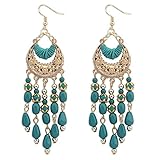 Voberry® Women's Bohemian Classical Fringed Long Section Of Big Beads Pendant Drop Tassels Hook Dangle Earrings (Blue)