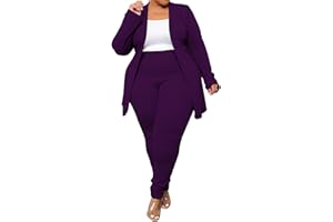 IYMOO Women's Plus SizeTwo Piece Open Front Long Sleeve Blazer and Elastic Waist Solid Pant Set Suit
