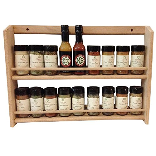 EmejiaSales Oak Spice Rack Wall Mount Organizer (2-Shelf Design), Hanging Natural Wood Country Rustic Style, Great Storage for Pantry and Kitchen - Holds 18 Herb Jars