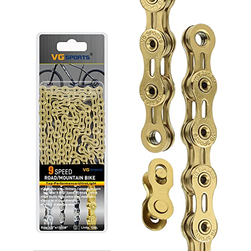 VG SPORTS 6/7/8/9/10/11 Speed Bike Chains,Half Hollow/Full Hollow Lightweight Bicycle Chains for Road Bike/MTB/BMX, Titanium 116 Links with Missing Link