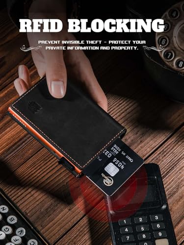 RFID Blocking Pop Up Wallet for Men, 100% Genuine Leather Slim Bifold, Aluminum Card Holder with ID Window, YKK Zipper Pocket, Minimalist Front Pocket Travel Wallet, Ideal Gift for Men, Black Orange