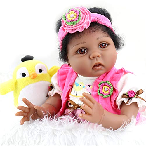 Aori Lifelike Reborn Baby Dolls 22 Inch African American Soft Body Realistic Girl Doll with Bird Gift Set