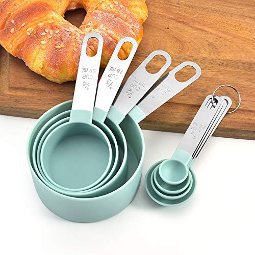 Measuring Cups and Measuring Spoons Kitchen gadgets set Measuring spoon with stainless steel handle 8-piece set of necessary measuring tools for baking Stackable Wet and dry (Light blue)