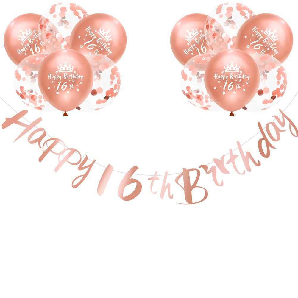 Girls Happy 16th Birthday Banners Rose Gold 16th Happy Birthday Banner Bunting Including 12 Pack 12” Latex Printed Balloons Girls Decorations Supplies