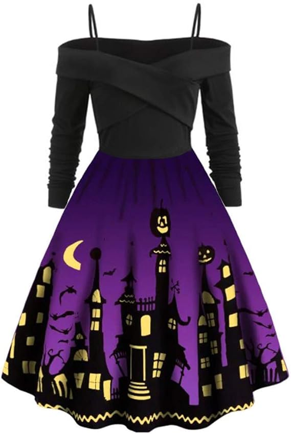 Amazon ハロウィンワンピースレディース Gozenya スカート ドレス かぼちゃ パンプキンライト 長袖 妖精 ヴィンテージスタイル カラードレス ベルト付き レディース レトロ コスチューム オシャレ 体型カバー パーティー イベント 50年代 レディースパーティー
