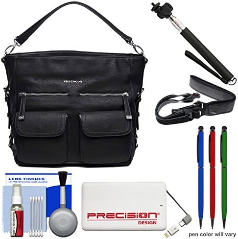 Kelly Moore 2 Sues 2.0 Camera / Tablet Bag with Shoulder &amp; Messenger Strap (Shadow Black) with Sling Strap + Selfie Stick + Power Bank + (3) Stylus Pens + Cleaning Kit
