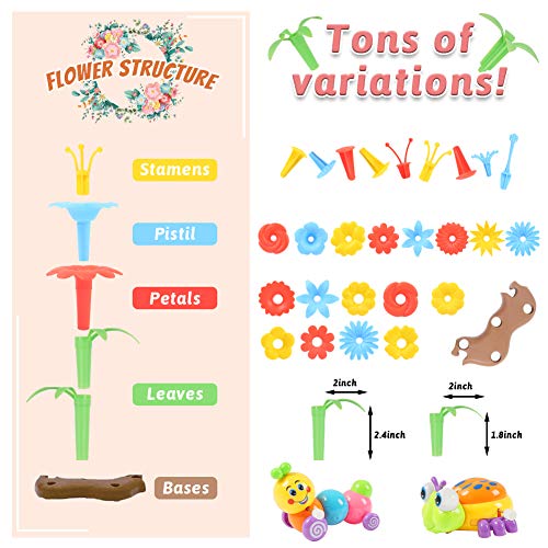 BigOtters Flower Garden Building Toys, 60PCS Stem Toy Educational Stacking Game Playset Gardening Pretend Gift for Girls