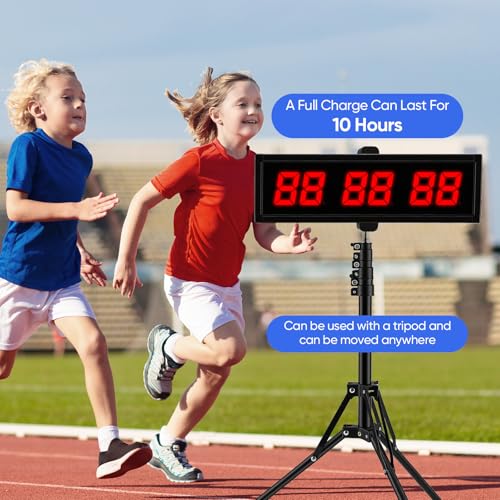 Cronómetro LED Competición, Cuenta Atrás Profesional con Trípode Ajustable 70-145cm, Botón de Disparo 3m y Mando a Distancia 10m, 6 Dígitos 2.3", Recargable 2000mAh, para Deportes Oficina Cocina