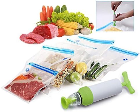 Sous Vide Bags Kit, Meiwo 5 BPA Free Food Vacuum Sealed Bags and 1 Hand Pump, Perfect for Heating, Cooking, Freezing Storage (Vacuum Sealed Bags Including 5 Different Size)