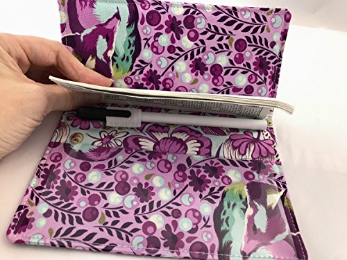 Duplicate Checkbook Cover Register with Pen Holder - Tula Pink Chipper Fox Nap in Raspberry
