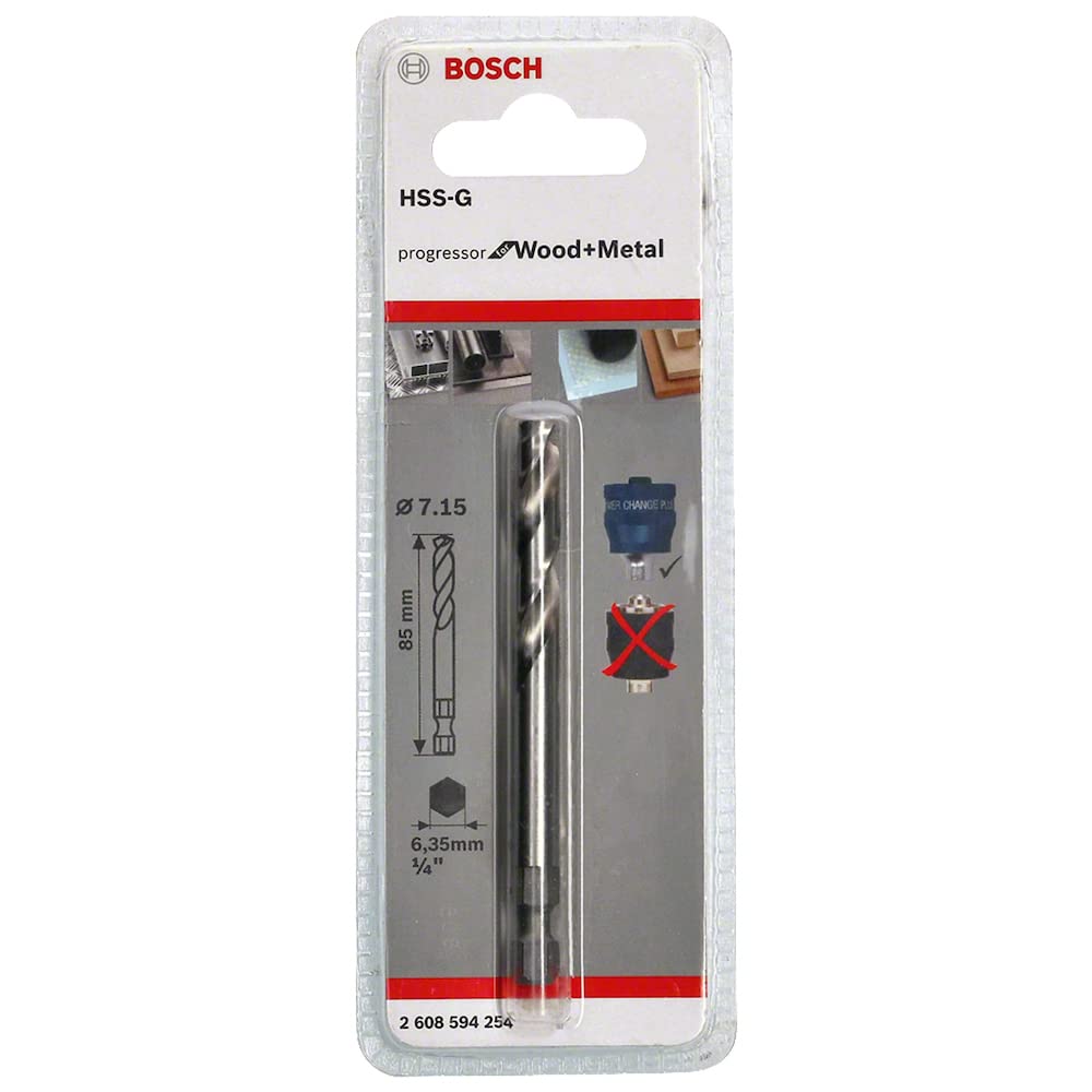 Bosch Professional 1x Pilot Drill Bit Plus HSS-G (Socket 3/8" Hexagonal Shank, 7.15 x 85 mm, Accessory Hole Saw)