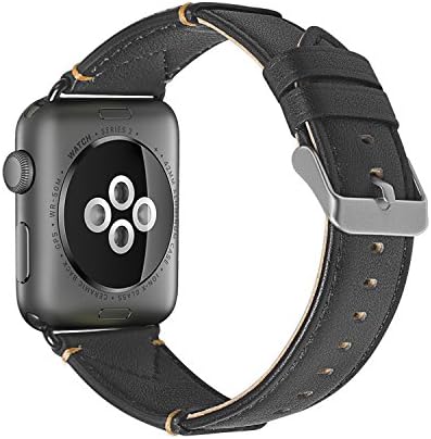 XGUO For Apple Watch Strap 42mm/44mm,Unique Design Premium Genuine Leather Watch Band Strap Replacement With Silver Secure Metal Clasp Buckle [ Black ]