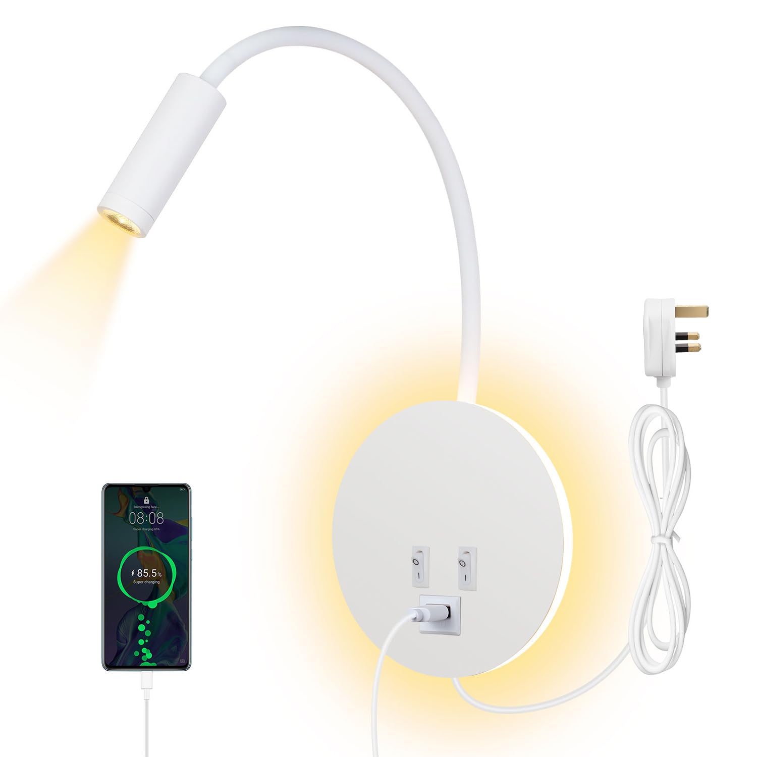 ERWEY Bedside Wall Lamp, LED Reading lamp,Wall Mounted Reading Light 3000K (3W+8W) with Switch and USB Charging, Wall Spotlight 360° swivelling gooseneck with Plug and Cable for Bedroom, White