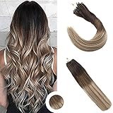 Ugeat 14Inch Remy Real Human Hair Brazilian Micro Loop Hair Extensions Dark Brown Ombre Medium Brown Mix Bleach Blonde Full Head Micro Loop Hair Extensions