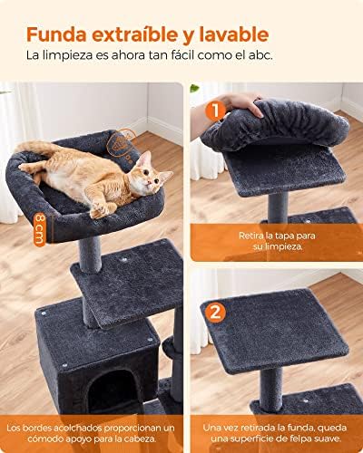 Árbol para Gatos Pequeños, 135 cm, Condominio para Gatos de Felpa de Varios Niveles, con Cubierta de Plataforma Extraíble y Lavable, Rascador, Cesta, Cueva, Gris Oscuro