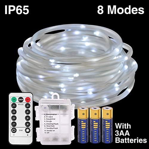 HONGM 120LED 41ft Rope String Lights Battery Operated String Lights 8 Modes Waterproof Firefly Lights with Remote Timer for Outdoor, Indoor, Garden, Party, Christmas Tree, Wedding (White)