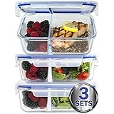 [Large Premium 3 Pack] 2 Compartment Glass Meal Prep Containers w/New Divider Seal Tech Best Quality Snap Locking Lids Airtight 8 Pcs Glass Set BPA-Free (5 Cups, 36 Oz)