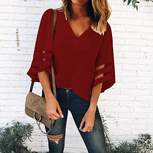 Shy Velvet Women's V Neck 3/4 Bell Sleeve Chiffon Blouse Mesh Panel Loose Top Shirts Wine - Thumbnail 5