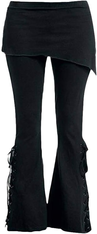 Women Black Embroidered Casual Bandage Flares Punk Lace Up Bell Bottom Leggings