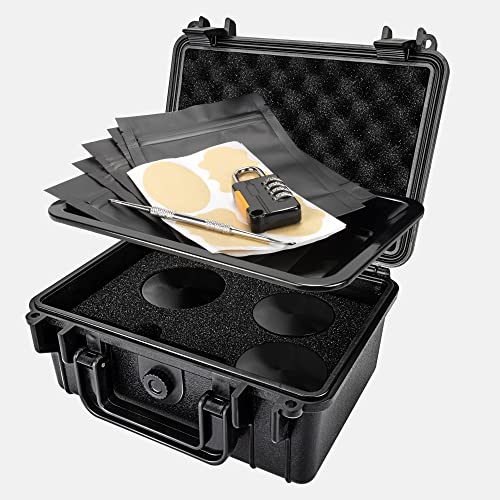 Smell Proof Storage Box with DIY Sticker - Storage Container with Lock - ABS Plastic Storage Box - 15 Pieces Accessories Kit for Travel, Black Storage Case