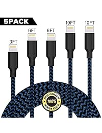 iPhone Charger, Neatlo MFi Certified Lightning Cable 5Pack [3 6 6 10 10FT] Extra Long Nylon Braided USB Charging Cord Compatible iPhone Xs Max XR X 8 8Plus 7 7Plus 6S 6S Plus SE iPad-Black Blue