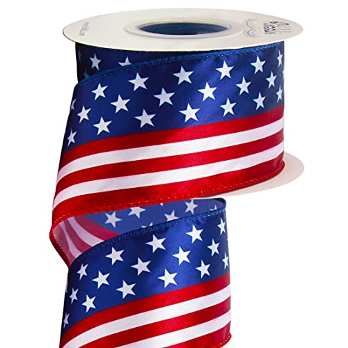 Ribbli Patriotic Stars and Stripes Wired Satin Ribbon,American Flag Ribbon 2-1/2 Inch x Continuous 10 Yard,Red/White/Blue,4th of July Ribbon for Big Bow,Wreath,Tree Decoration