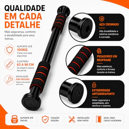 Barra Fixa De Porta Ajustável 63 a 96 cm Para Exercícios, Flexão, Musculação e Calistenia Aço Reforçado Suporta até 100 kg [ K-SELL IMPORTS ]