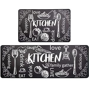HEBE Anti Fatigue Kitchen Mat Set of 2 Non Slip Thick Cushioned Kitchen Rug Sets with Runner 17″x48″+17″x28″ Heavy Duty Comfort Standing Mats Waterproof Kitchen Carpet