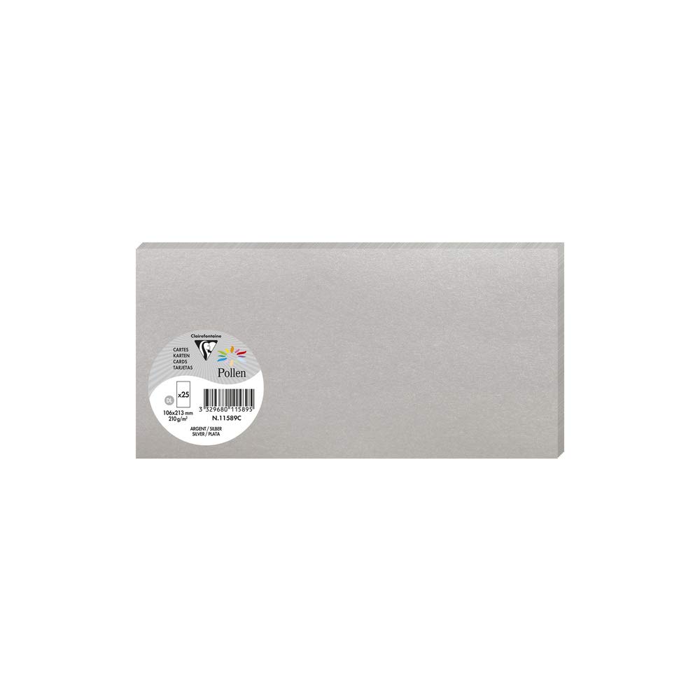 Clairefontaine 11589C Silver Iridescent Paper Pack of 25 Plain Cards DL 10.6x21.3cm 210gsm Invitation & Correspondence Cards Pollen Range Smooth Premium