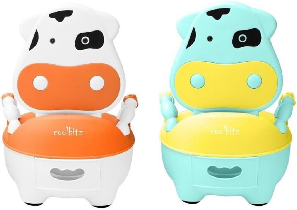 Baby Toddler Potty Training Kids Child Toddler Potty Seat Interactive Cow Potty | Children Portable Urinals Toilet Potty Seat Folding Chair Safety Durable Cow Shape Baby Girl Boy Urinals Toilet Seat (White/Orange)
