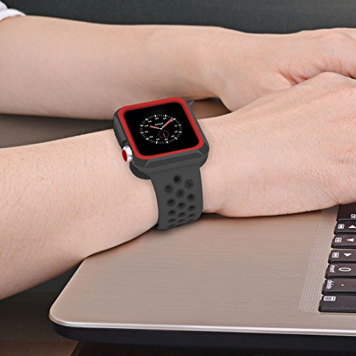 Apple Watch Case, iitee 42mm Rugged Slim Protective iWatch Case for Apple Watch Series 3/2/1 – Polycarbonate + Soft TPU Bumper (Black/Red)