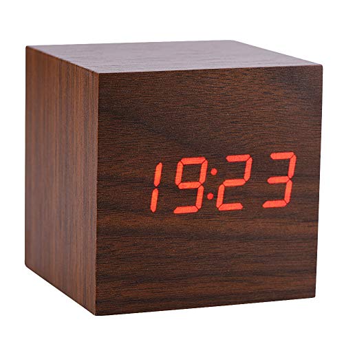 LED Digital Alarm Clock, 3 Levels Brightness Temperature Display Cube Clock with Voice Control for Bedroom Office Nightstand Decor (Brown)