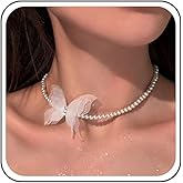 Aneneiceera Vintage Pearl Butterfly Choker Necklace White Tulle Butterfly Necklaces Short Pearl Chain Necklaces Minimalist Collar Necklace Jewelry for Women