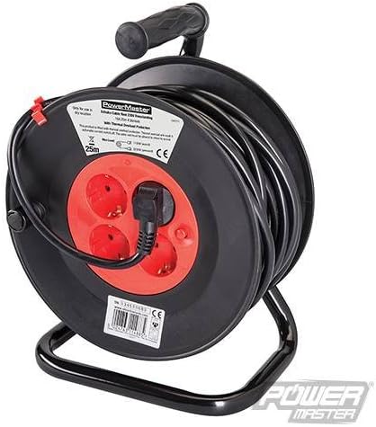 European Type F Schuko Cable Reel 230V 16A 25m 4 CEE 7/4 Sockets Overload protection with reset button. Easy wind handle. Solid stable base. 4 European 16A type F ‘Schuko’ (CEE 7/4) sockets and CEE 7/7 plug.