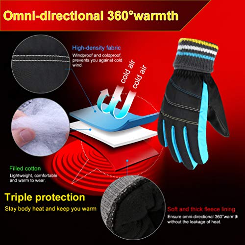 VBG VBIGER Boys Girls Winter Gloves Kids Ski Snow Snowboard Gloves Warm Cold Weather Sports Gloves for Children 6-12 Years Old (Medium, Black/Blue) - Thumbnail 2