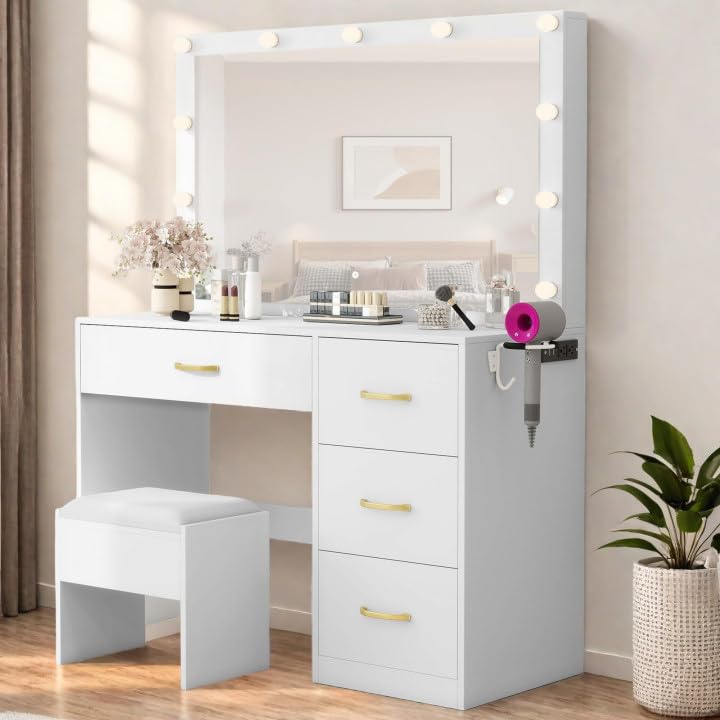 Photo 1 of ***MISSING HARDWASRE***
DWVO Makeup Vanity with Lighted Mirror, Vanity Desk with Power Strip