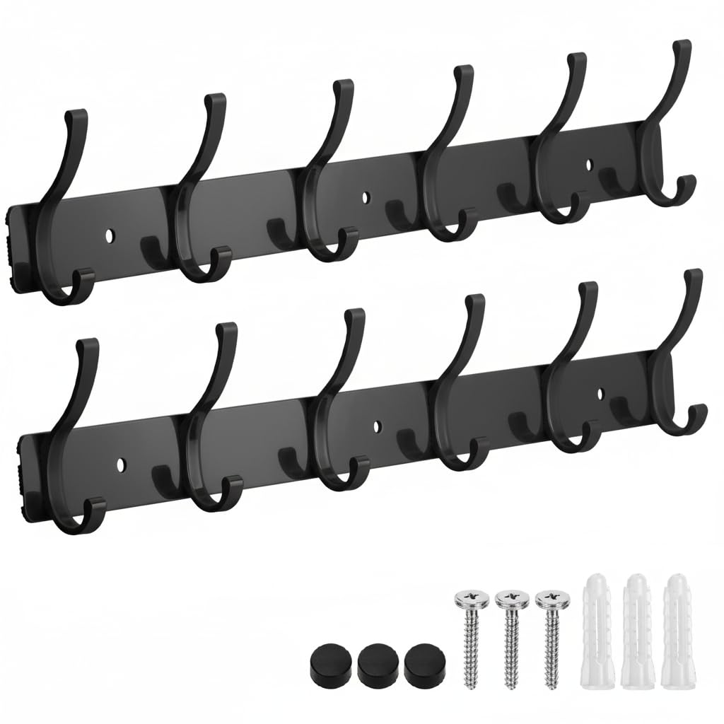 Dntorx Coat Rack Wall Mount, 2 Pack Coat Hooks Hanger Wall Double Hook Rack Rail Towel Hat Rack Entryway Bathroom Hanger Organizer for Robes, Clothes, Bags, Hat(Black)